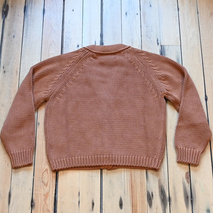 View of Filson Ladies Rustic Cotton Cardigan in Chestnut featuring a V-neckline and four-button front closure