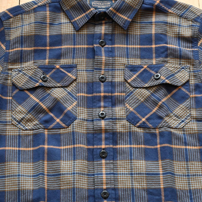 View of Pendleton men’s Burnside flannel shirt in navy and khaki plaid with square hem