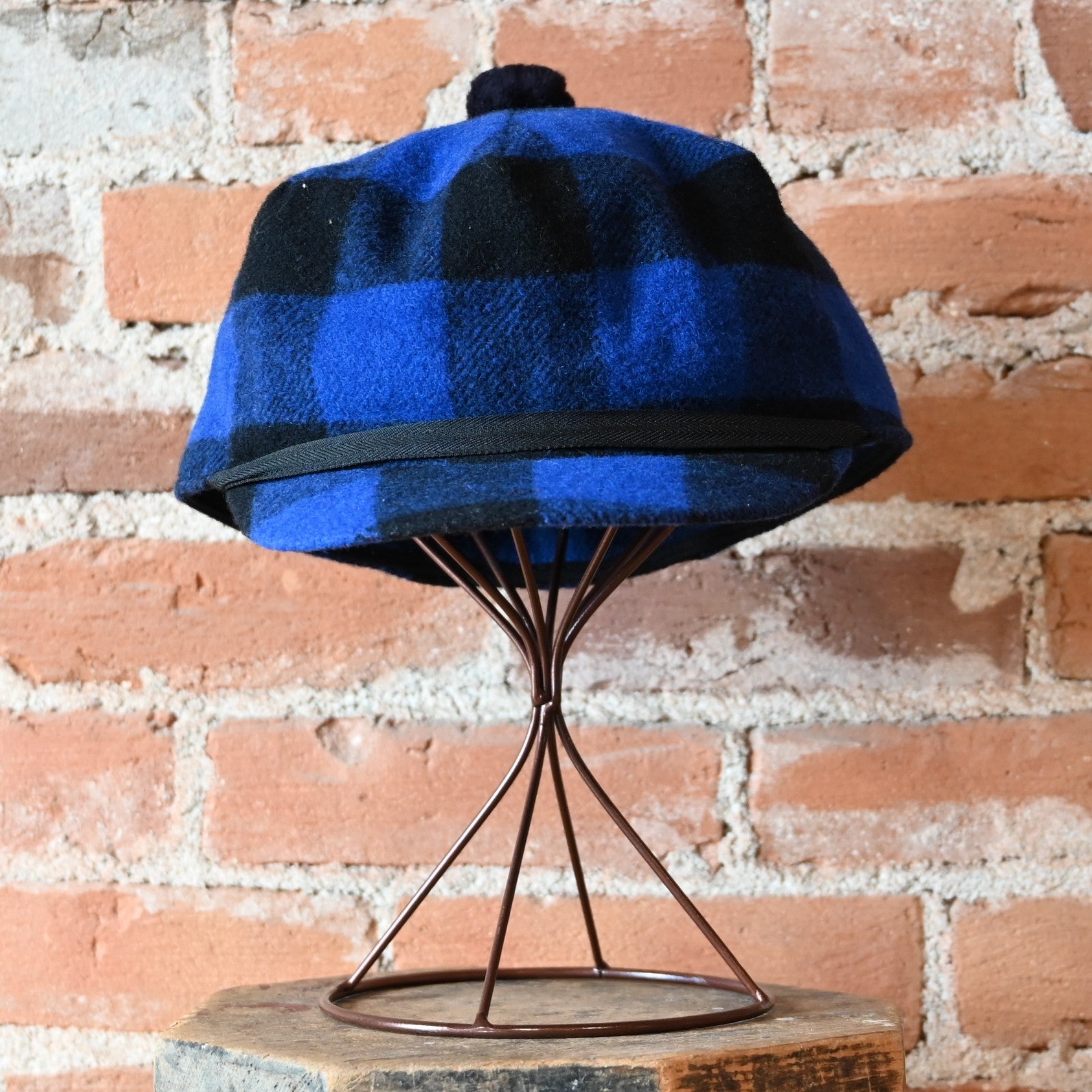 Crown Cap royal and black buffalo check wool stockman cap