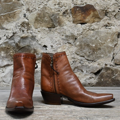View of Stallion Men’s Zorro zip boot in cognac calf with buckstitching and snip toe
