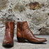 View of Stallion Men’s Zorro zip boot in cognac calf with buckstitching and snip toe