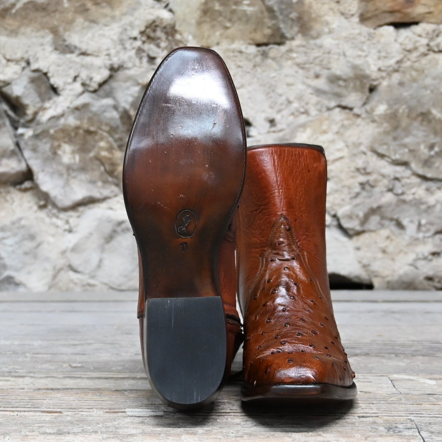 View of Stallion Men’s Zorro zip boot with antique saddle ostrich vamp and medium square French toe
