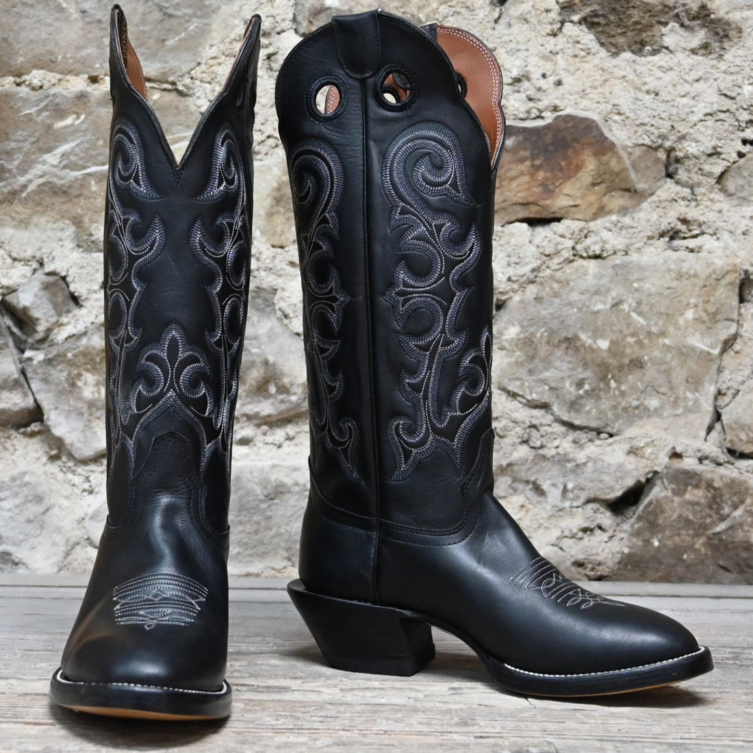 View of Hondo 16&quot; cowboy boot in black retan with flourished stitching, pull holes, and spur ledge