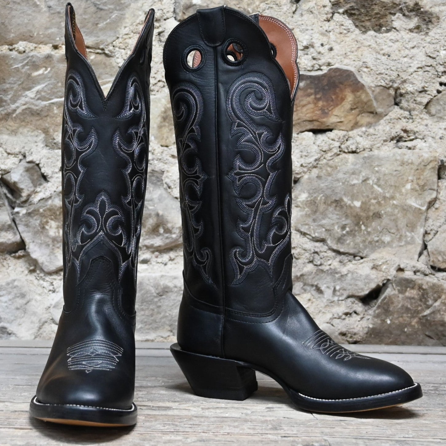 View of Hondo 16&quot; cowboy boot in black retan with flourished stitching, pull holes, and spur ledge
