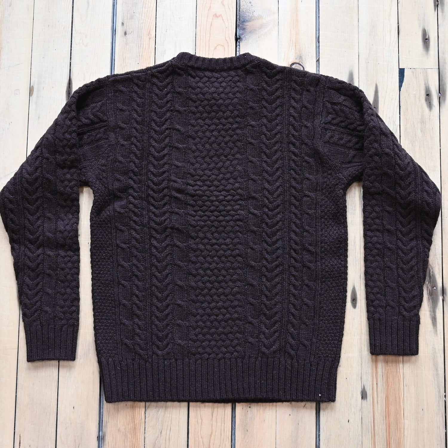 View of Pendleton men’s wool fisherman sweater in Espresso Heather with cable knit texture