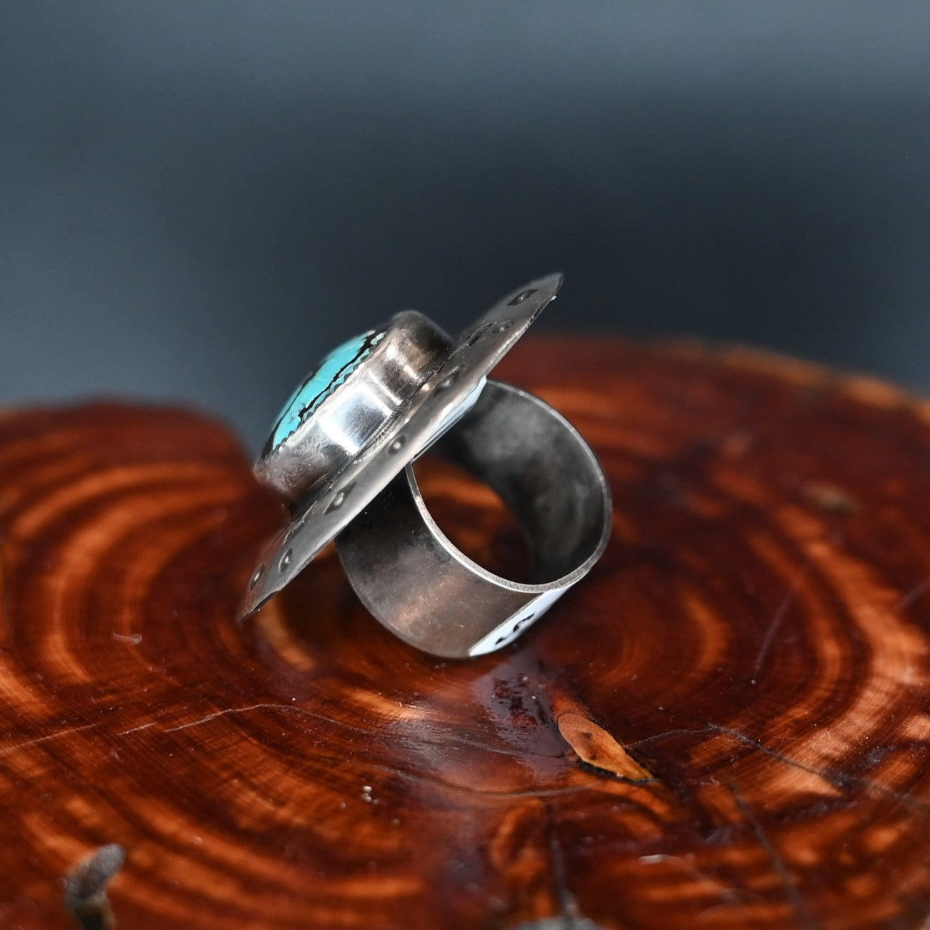 Calico Rose small round sterling silver scarf slide with Yungai turquoise stone, handmade in Montana