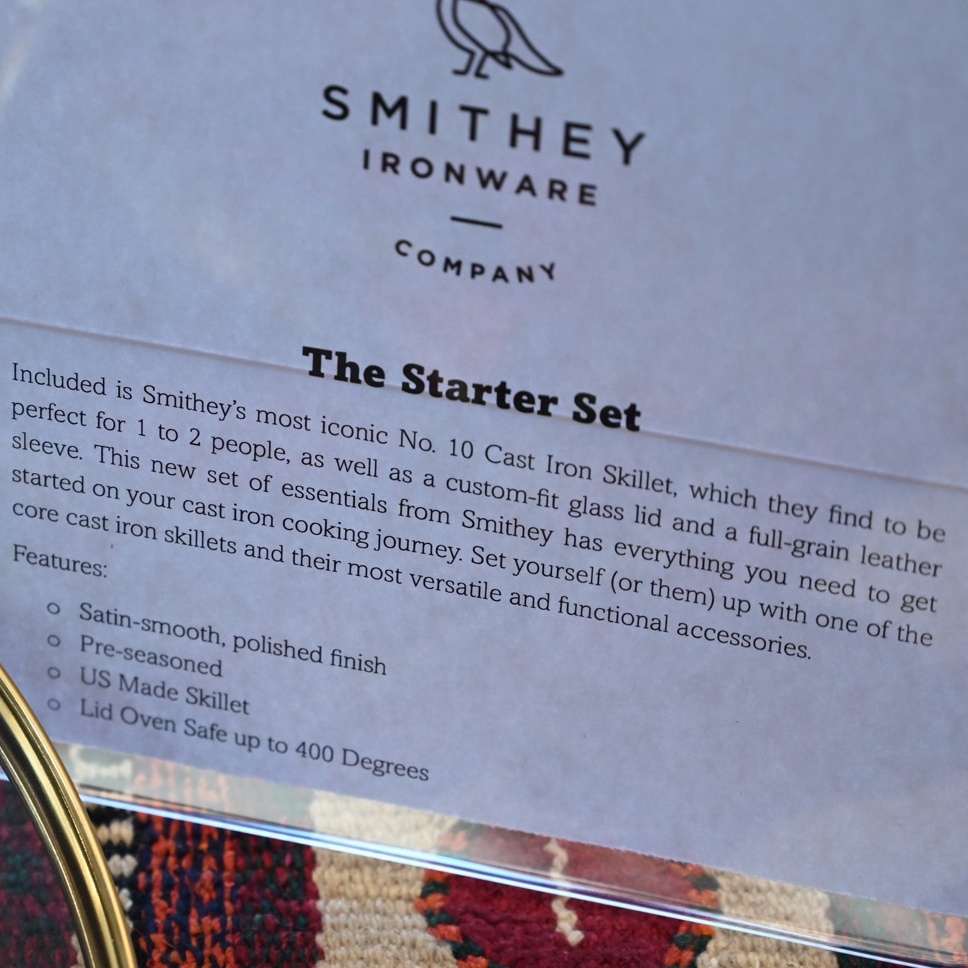 View of Smithey Ironware Starter Set: No. 10 Cast Iron Skillet with glass lid and full-grain leather sleeve