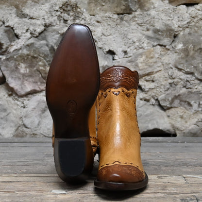 View of Stallion Ladies Zorro zip boot in camel ranch hand with golden buckstitching and tooled accents