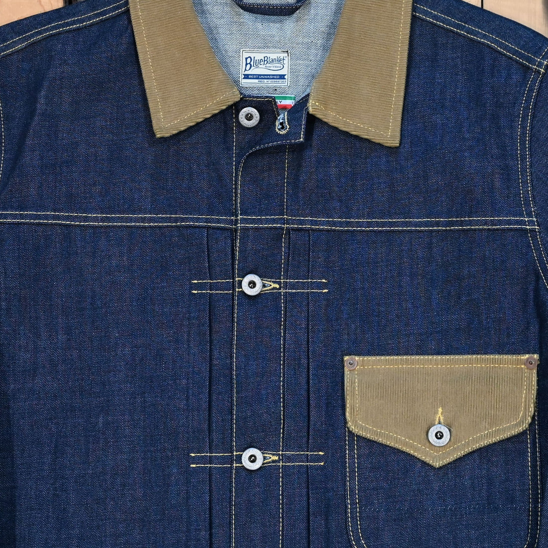 Blue Blanket Corduroy Collar Denim Jacket in Pure Indigo with flap pockets and metal buttons