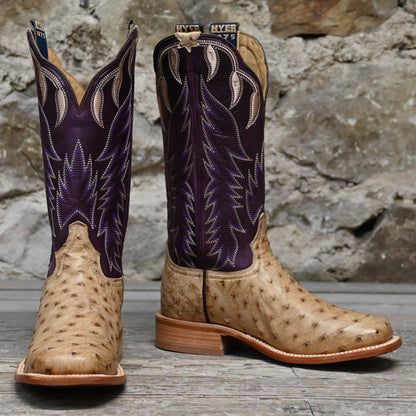 Hyer HARPER 13&quot; boots showcasing tan full-quill waxy ostrich vamp and eggplant vintage goat upper with broad square toe and Stockman block heel