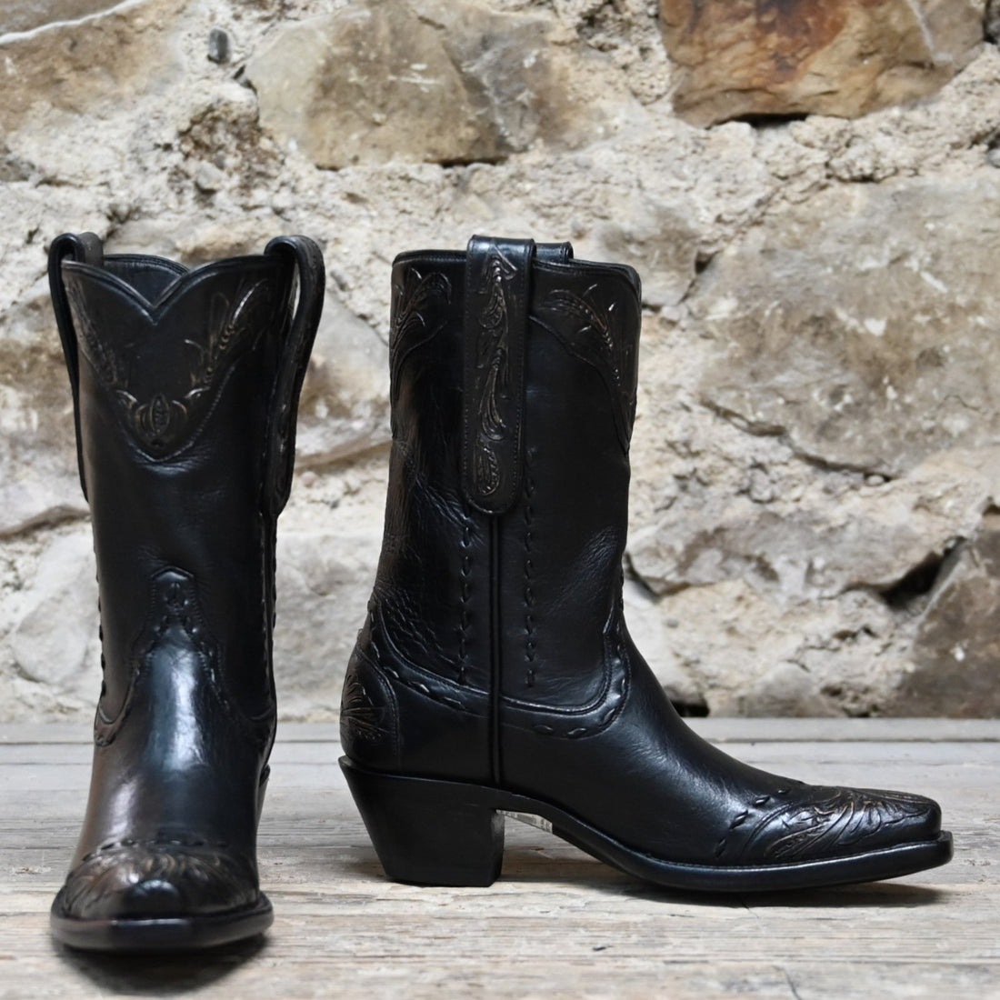 View of Stallion Ladies 10&quot; Black Ranch Hand Boot with tooled top, whipstitch, and buck lacing
