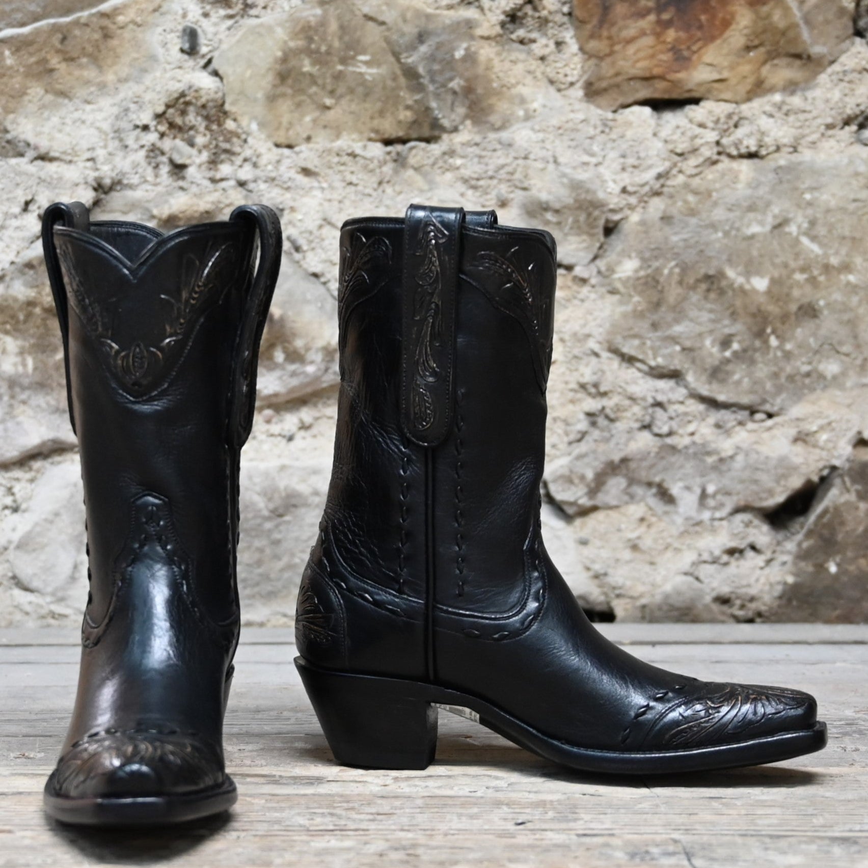 View of Stallion Ladies 10&quot; Black Ranch Hand Boot with tooled top, whipstitch, and buck lacing
