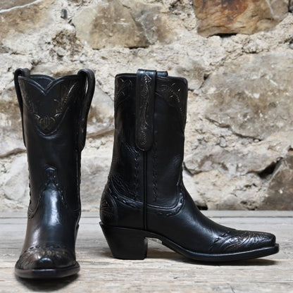 View of Stallion Ladies 10&quot; Black Ranch Hand Boot with tooled top, whipstitch, and buck lacing