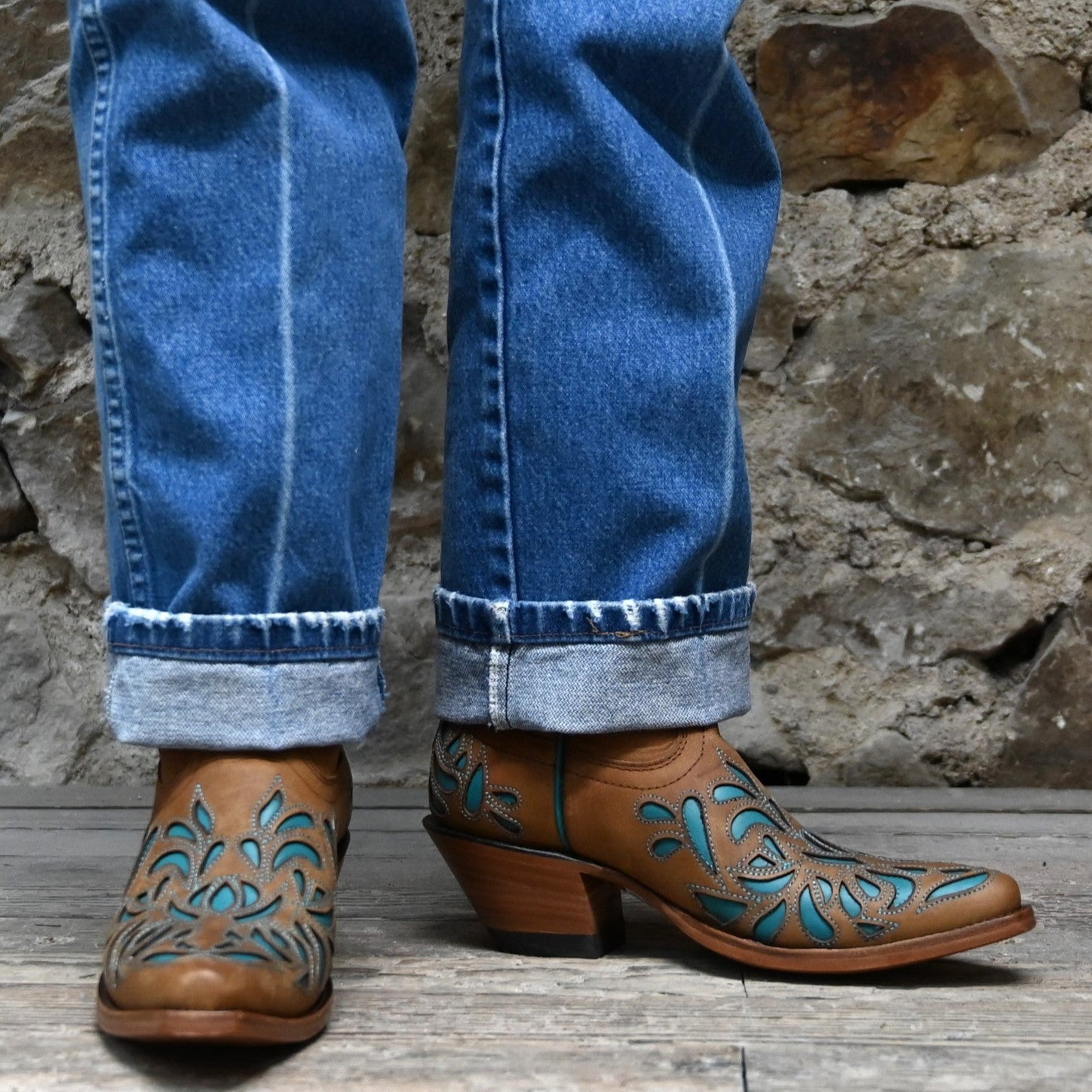 View of Hondo 13&quot; cowboy boot in brown goat with turquoise inlays and tight snip toe