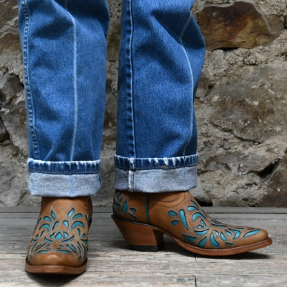 View of Hondo 13&quot; cowboy boot in brown goat with turquoise inlays and tight snip toe
