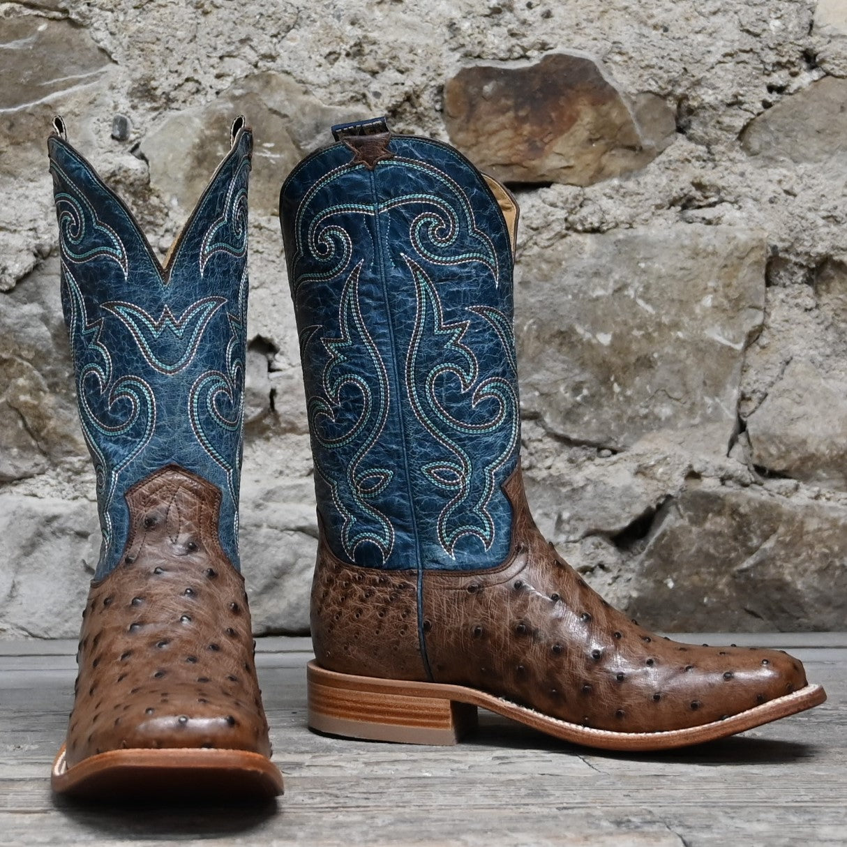 View of Hyer JETMORE 13&quot; boots showcasing tabac full-quill waxy ostrich vamp and blue vintage goat upper with broad square toe and Stockman block heel