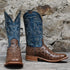 View of Hyer JETMORE 13" boots showcasing tabac full-quill waxy ostrich vamp and blue vintage goat upper with broad square toe and Stockman block heel