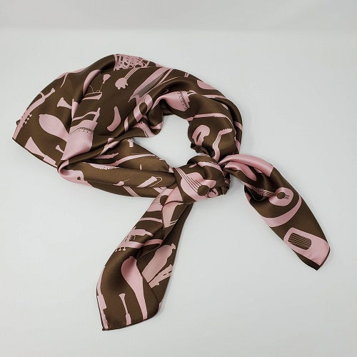 Cowboy Images 36x36 silk charmeuse wild rag in pink and brown with instrument print