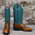 View of Hondo 14" cowboy boot with turquoise top, tan waxy cowhide vamp, and tight round toe