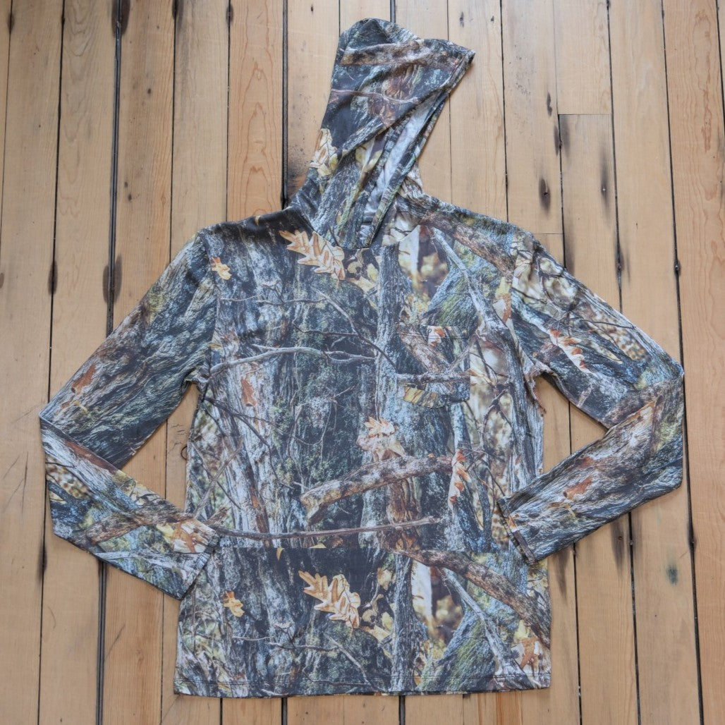 Sendero Yucatan Bamboo Tech Hoodie in Will Tree Camo featuring the crossover hood and soft bamboo fabric.