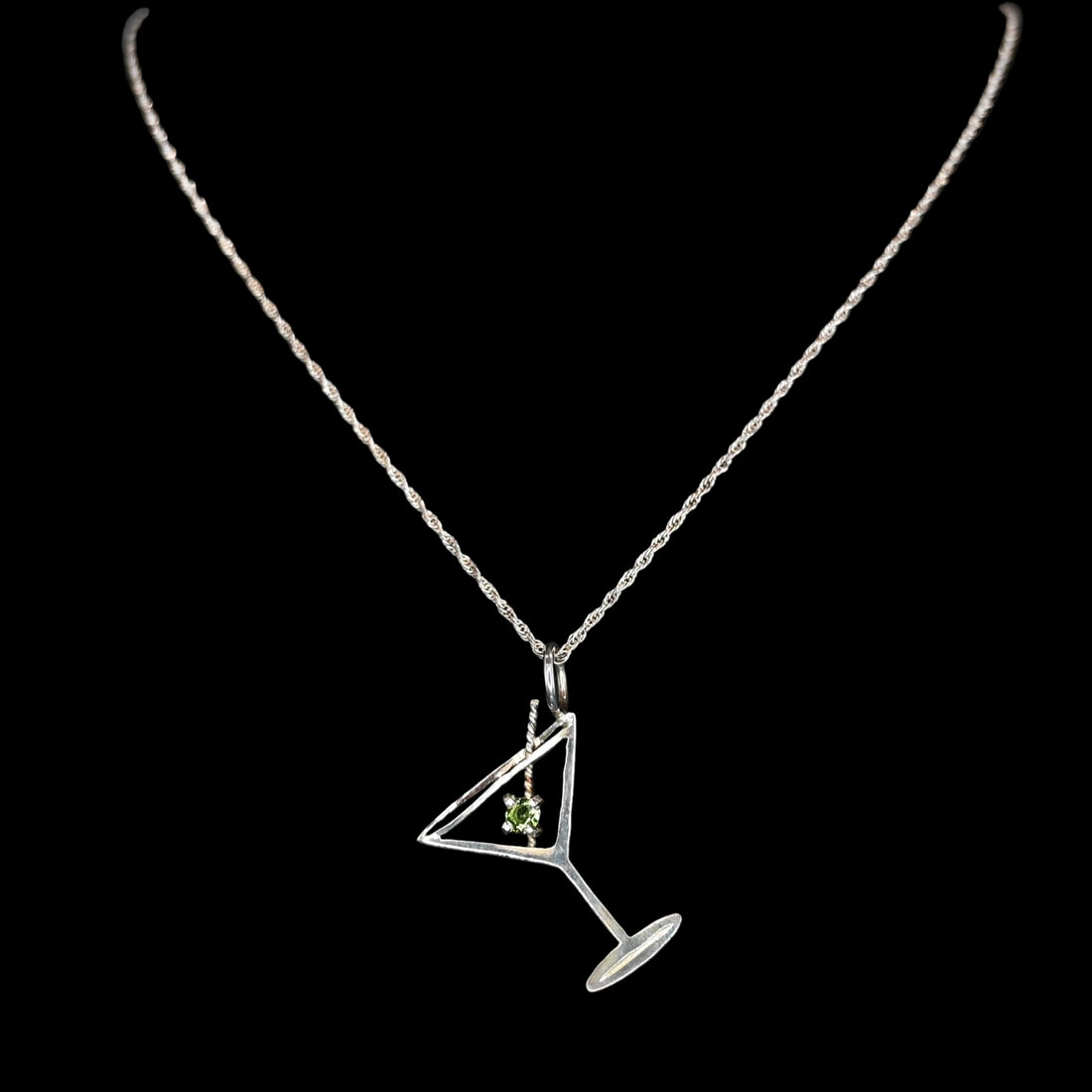 Vogt Silversmiths Stockyard Saloon sterling silver pendant featuring martini glass and peridot stone