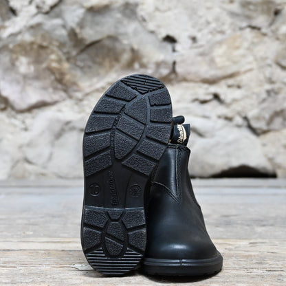 Youth Blundstone Slip On Chelsea boot in black leather with elastic side panels and pull tabs