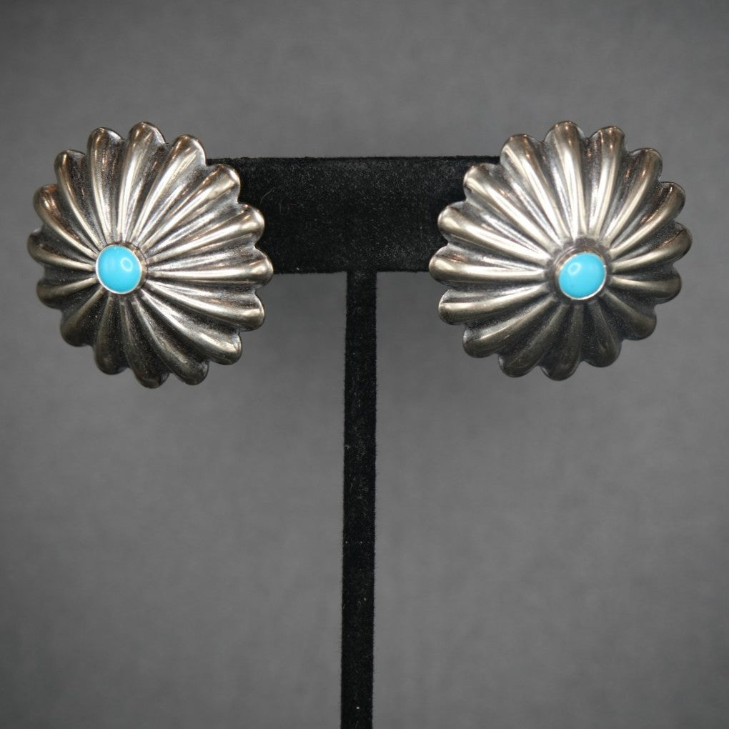 Sunwest Silver Large Turquoise Center Stone Flower Earrings
