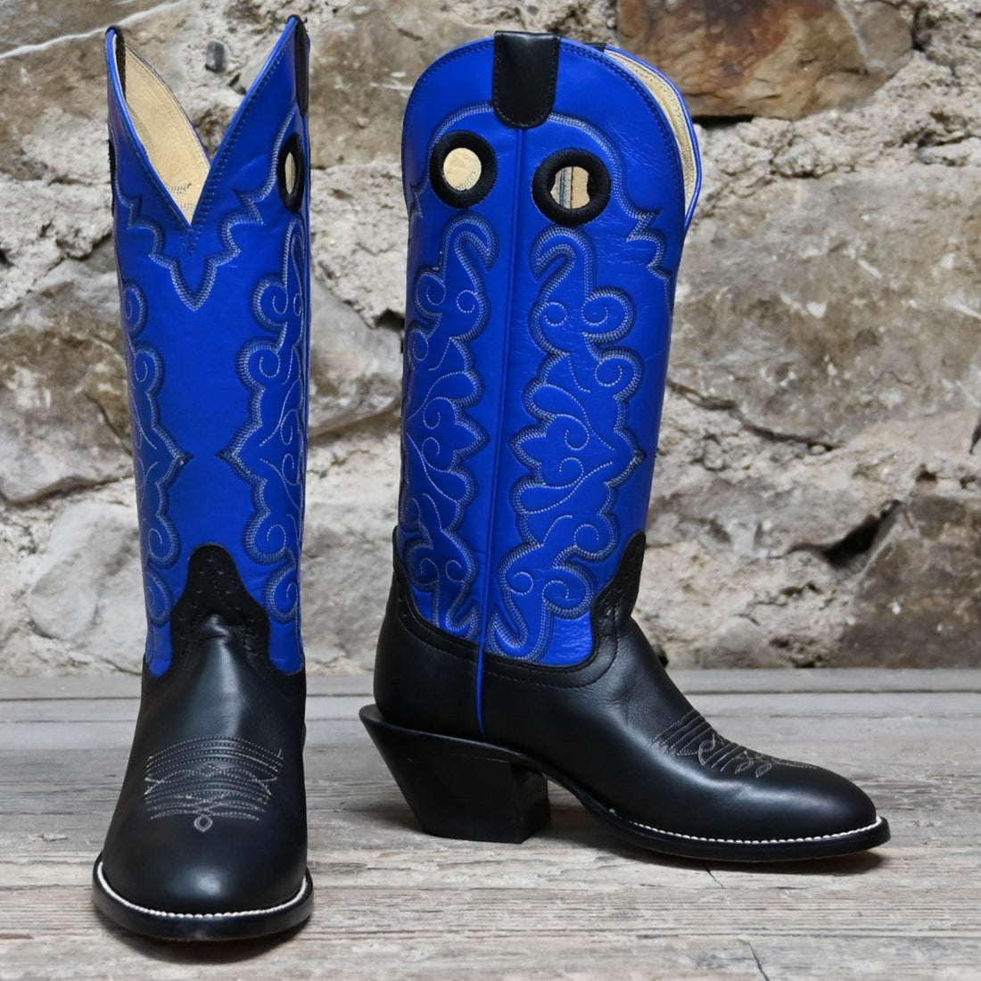 View of Hondo 14&quot; cowboy boot with royal blue top, black retan vamp, medium round toe, and spur ledge