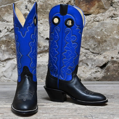 View of Hondo 14&quot; cowboy boot with royal blue top, black retan vamp, medium round toe, and spur ledge