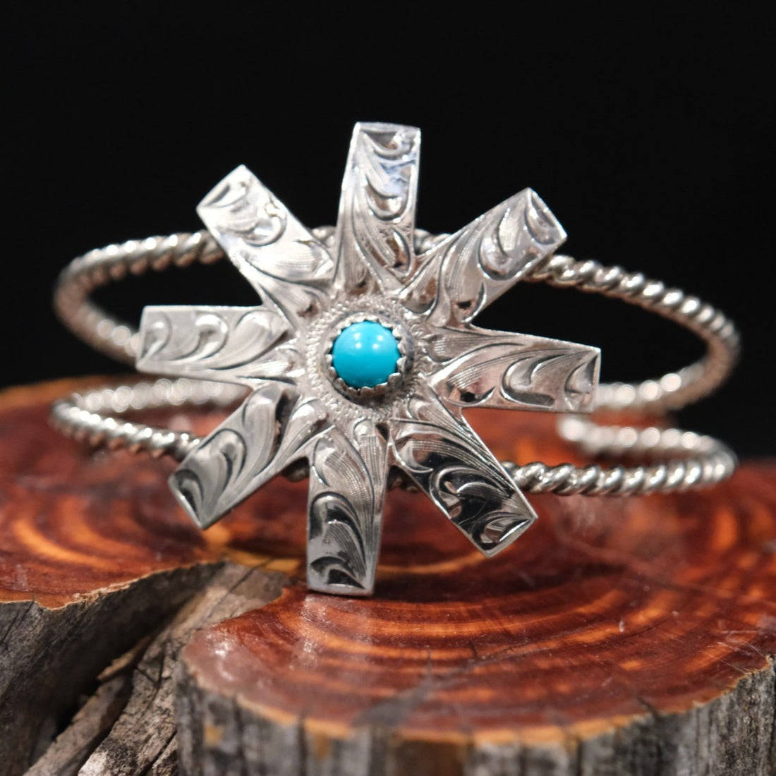 P Diamond Designs Engraved German Silver Spur Rowel Cuff