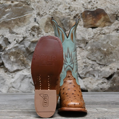 View of Hyer HARPER 13&quot; boots showcasing Brandy full-quill waxy ostrich vamp and Robin&