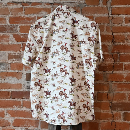 Pendleton men’s Laramie snap-front shirt in Ecru Wild Horses pattern with pearlized snaps and Western yokes