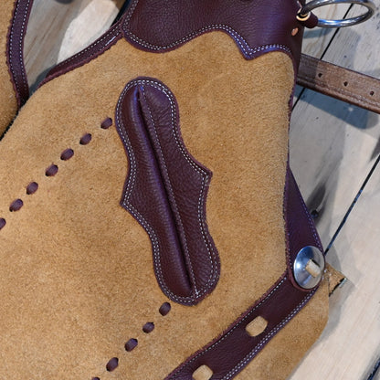 Rockin’ Y Saddlery rough-out leather Arizona work chaps with fleece lining, zipper closure, ring belt, and front pocket