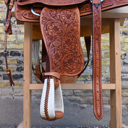 View of Billy Cook Fully Tooled Roper Saddle with Bridle, Breast Collar, and Reins