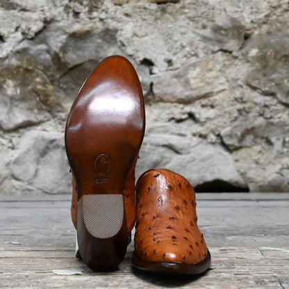 Stallion Ladies Mule Slider – Cognac Full Quill Ostrich with Round Toe &amp; 2&quot; Heel