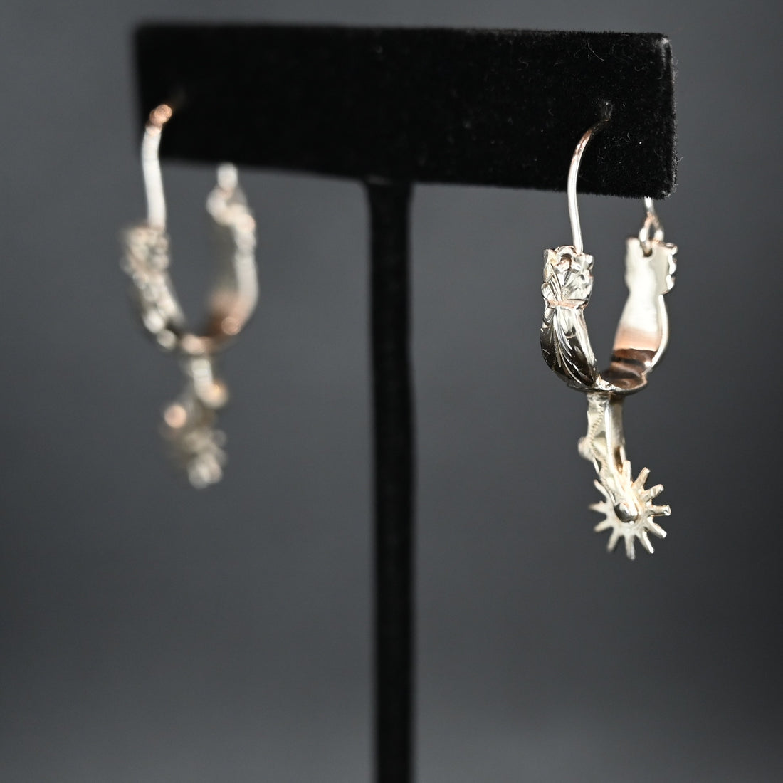 Vogt Matilda Spur sterling silver earrings shaped like cowboy spurs with moving rowels