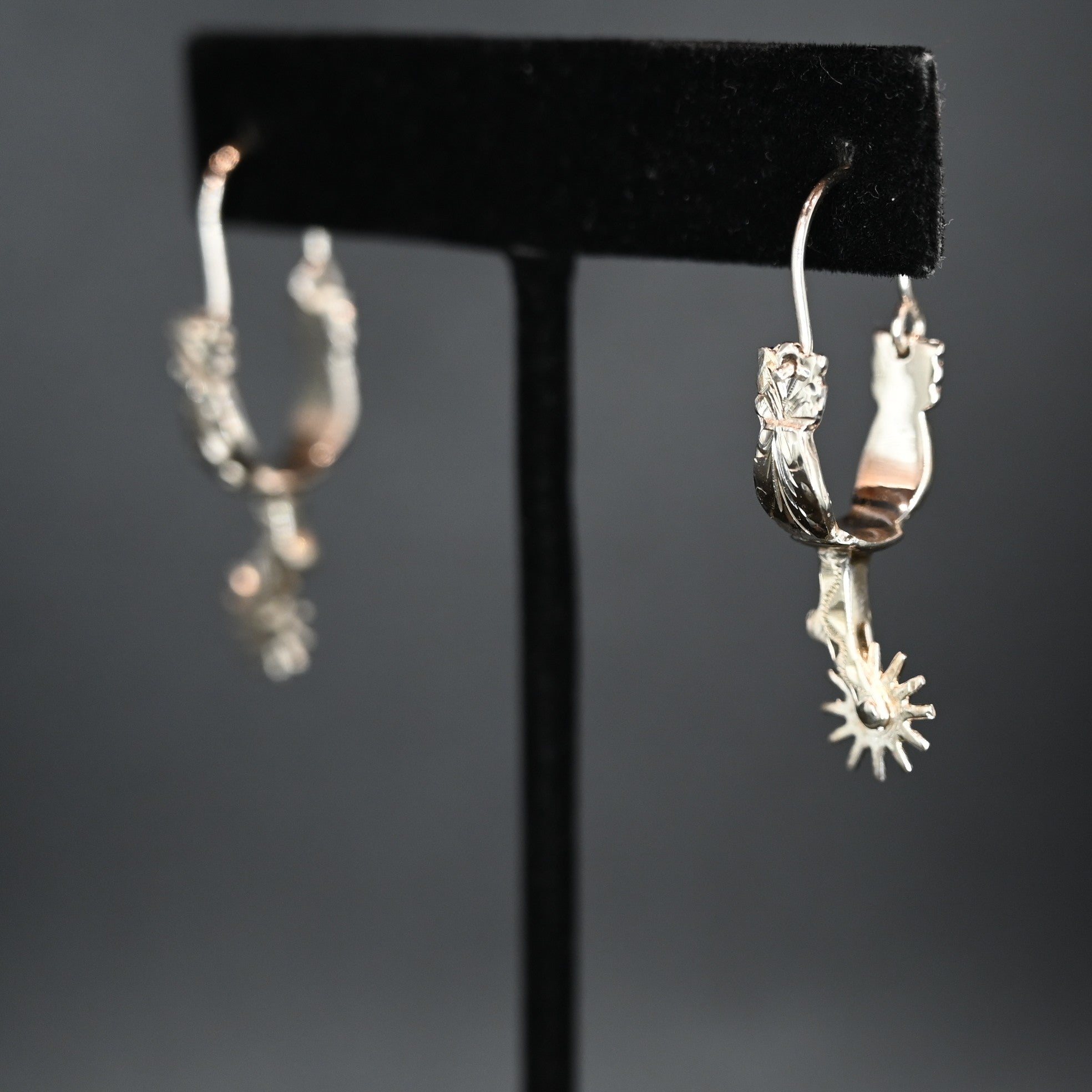 Vogt Matilda Spur sterling silver earrings shaped like cowboy spurs with moving rowels