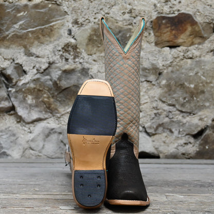 View of Macie Bean 15″ boot with bone shaft, grey bullhide vamp, cutter toe and City Girl heel