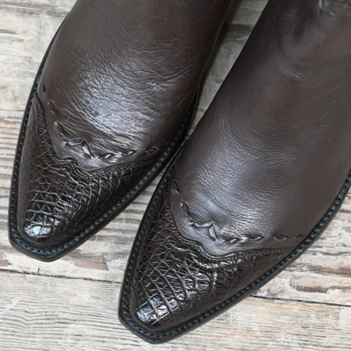 View of Stallion Ladies Zorro zip boot in chocolate calf with alligator wingtip and buckstitching
