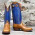 View of Hondo 16" cowboy boot with blue top, honey crazy horse vamp, wide square toe, and spur ledge