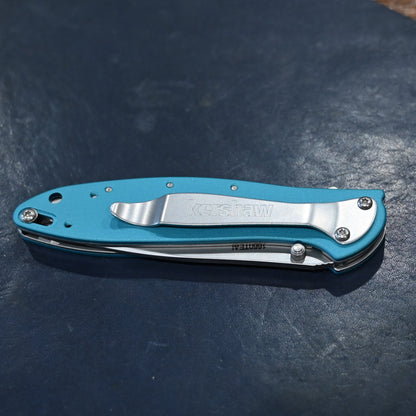 Kershaw Leek folding knife with teal aluminum handle and stainless steel blade