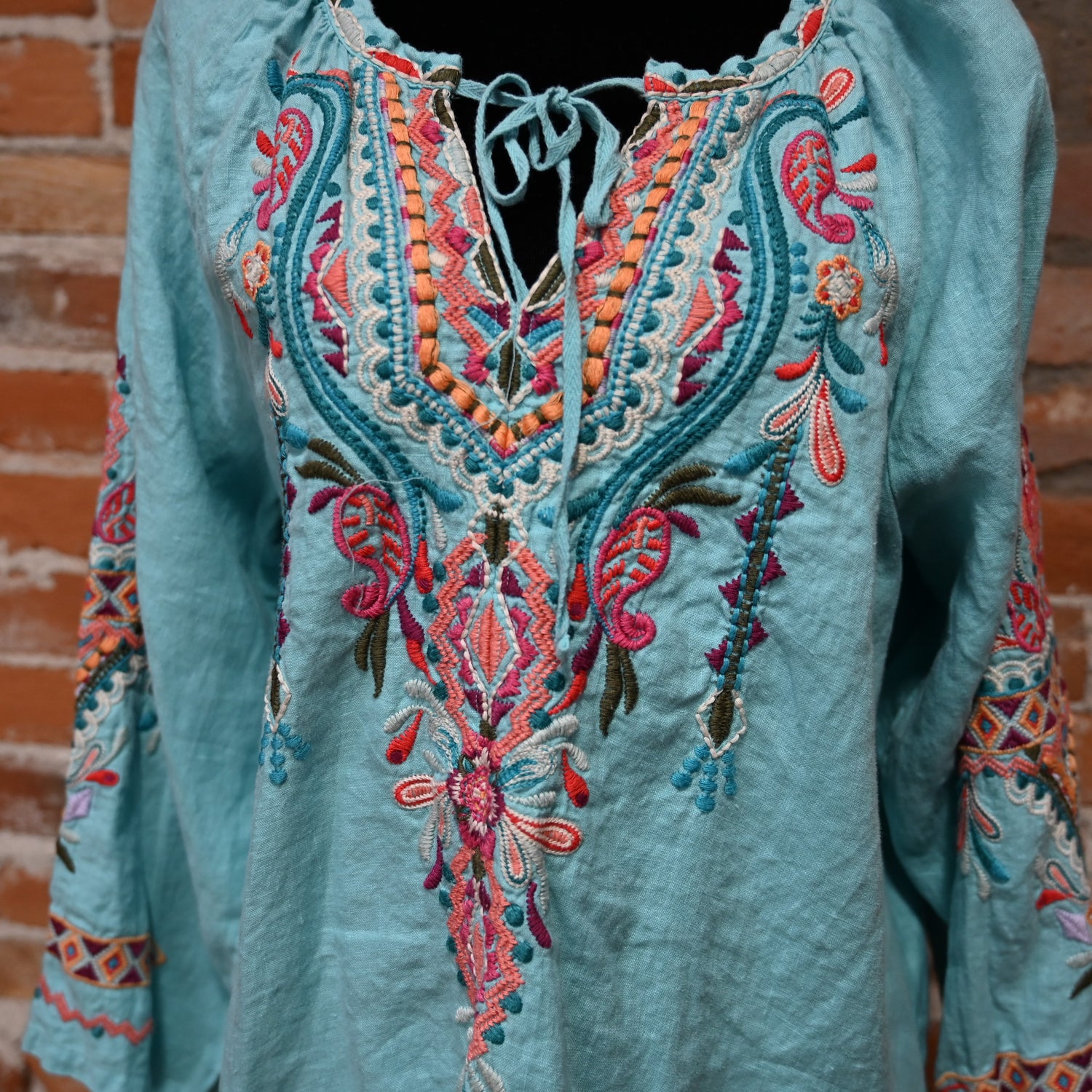 Johnny Was Kris Linen Peasant Blouse Teal
