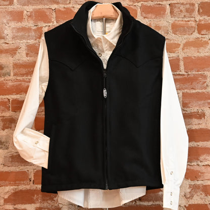 View of Schaefer ladies wool Arena vest in black or red with Western yokes and storm-flap zip front