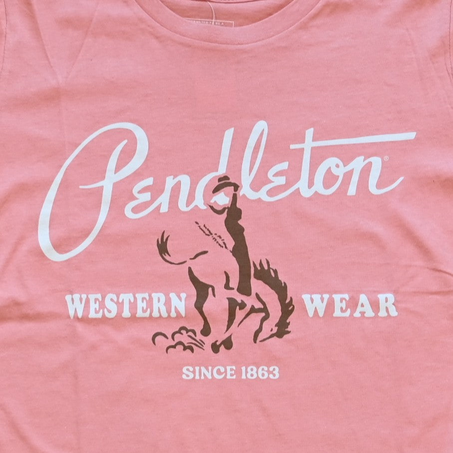 Dusty rose Pendleton t-shirt with vintage cowgirl and horse graphic, relaxed fit, crewneck