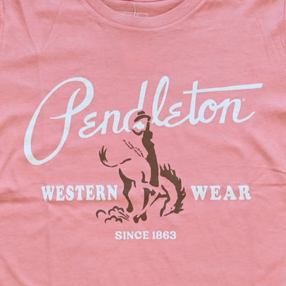Dusty rose Pendleton t-shirt with vintage cowgirl and horse graphic, relaxed fit, crewneck