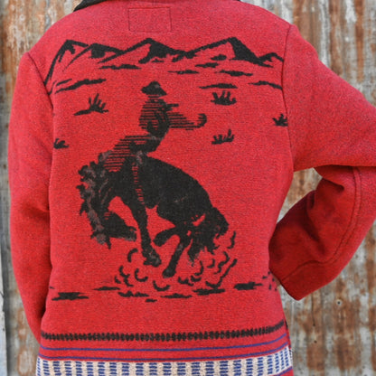 Schaefer Outfitter Ladies Blanket Coat in crimson wool-blend with horse-head button closure and large side pockets