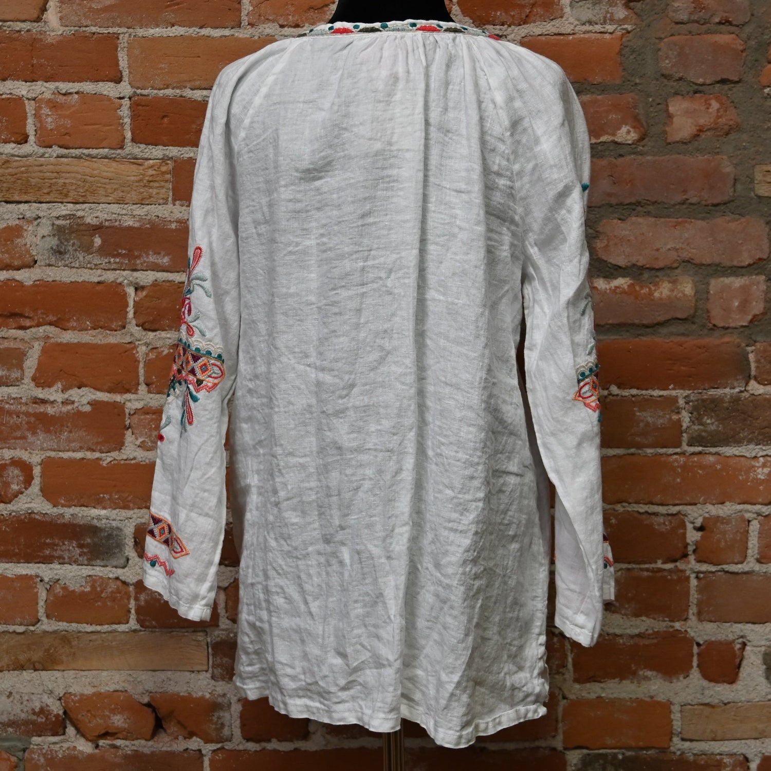 Johnny Was Kris Linen Peasant Blouse in white with embroidery and tassel ties