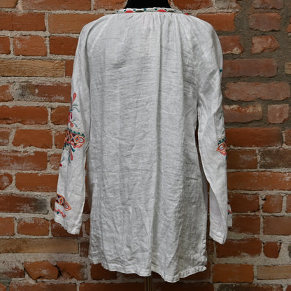 Johnny Was Kris Linen Peasant Blouse in white with embroidery and tassel ties