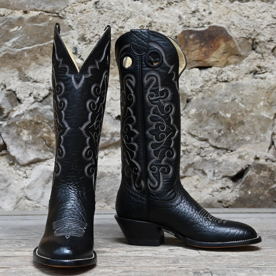 View of Hondo 14" black cowboy boot with bullhide vamp, cowhide top, and medium round toe