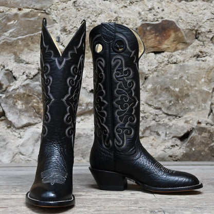 View of Hondo 14&quot; black cowboy boot with bullhide vamp, cowhide top, and medium round toe